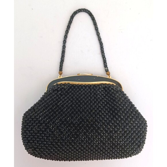 VTG Whiting & Davis Blk Beaded Mesh Blk/Gold Enamel Frame Bag Made in USA - Picture 11 of 11